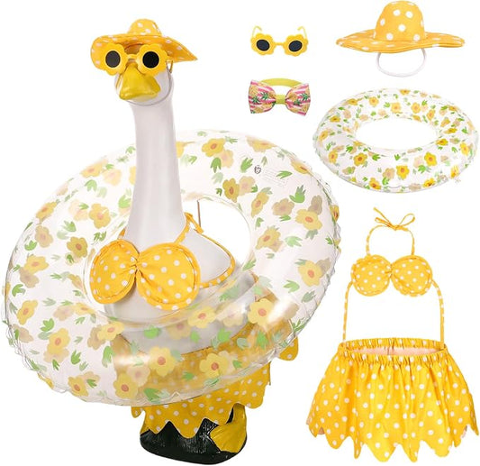 23 Inch Summer Porch Goose Outfit for Cement Goose Statue, Yellow | Summer Hawaiian Style, Bow, Sunglasses, Hat & Swim Ring, Fits 23 Inch Cement Goose, for Garden Patio Yard Outdoor Decor