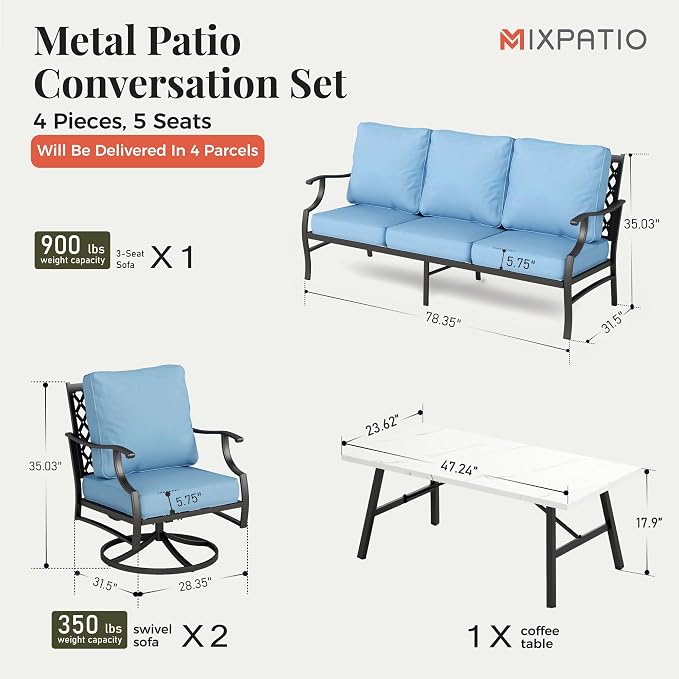 MIXPATIO Patio Furniture Set 4 pcs, Metal Outdoor Patio Furniture, 3-Seat Sofa, 2 Swivel Chairs, Coffee Table and 5.75" Extra Thick Cushion, Patio Conversation Set for Garden Backyard Deck,Blue