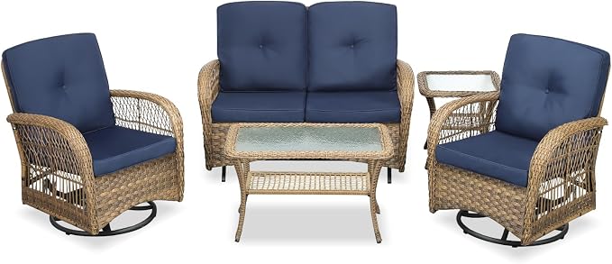 VIVIJASON 5-Piece Outdoor Patio Wicker Conversation Sets, All Weather Outdoor Rattan Furniture Set Includes Glider Loveseat, 2 Coffee Table, 2 Swivel-Gliders Chairs with Cushions, Navy Blue