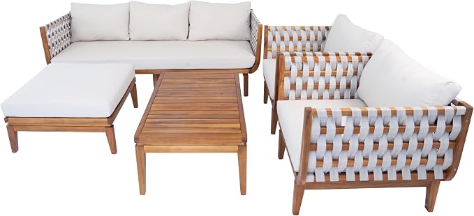 Merax 5 Piece Rope Woven Paito Conversation Set, Outdoor All-Weather Acacia Wood 3-Seater Sofa, Armchair with Cushions,2 Ottomans, 1 Coffee Table for Porch, Lawn, Backyard, Balcon, Teak+ Beige