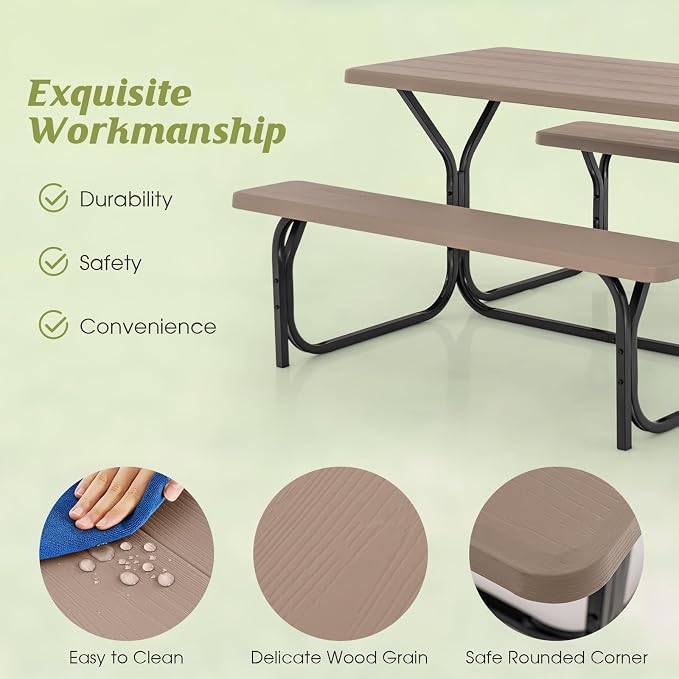 Picnic Table, Camping Portable Picnic Table Bench Set for 4 Persons, Heavy-Duty Steel Frame & Resin Tabletop, All Weather Outdoor Picnic Tables for Patio Travel BBQ Party Garden (Brown)