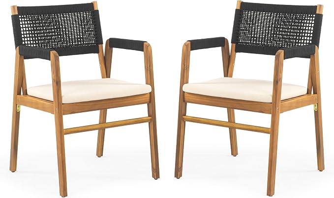 Christopher Knight Home Pasco Acacia Wood Outdoor Dining Table Set for 6, Wicker Patio Dining Set with Acacia Wood Table and Bench, Patio Table and Chair Set with Cushion+Rope Back, Black+Teak+Brown