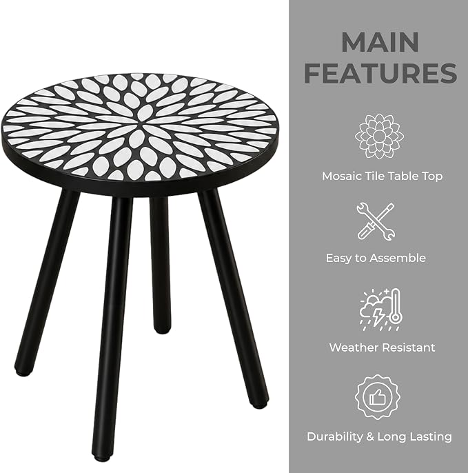 Laurel Outdoor Side Table, 18" Mosaic Round Accent Table with Ceramic Tile Tabletop and Steel Frame, Indoor Small Decorative Plant Stand & End Table for Living Room, Patio, Garden - Black/White