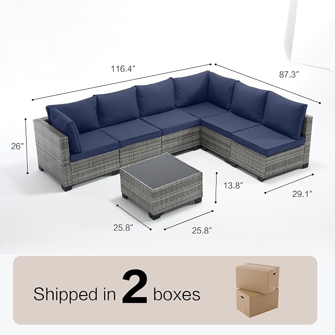 7-Piece Outdoor Patio Furniture Set, Grey PE Rattan Weaving Sofa with Navy Blue Cushions and Steel Frame, Coffe Table Included, Outdoor Conversation Set for Balcony, Porch, Backyard