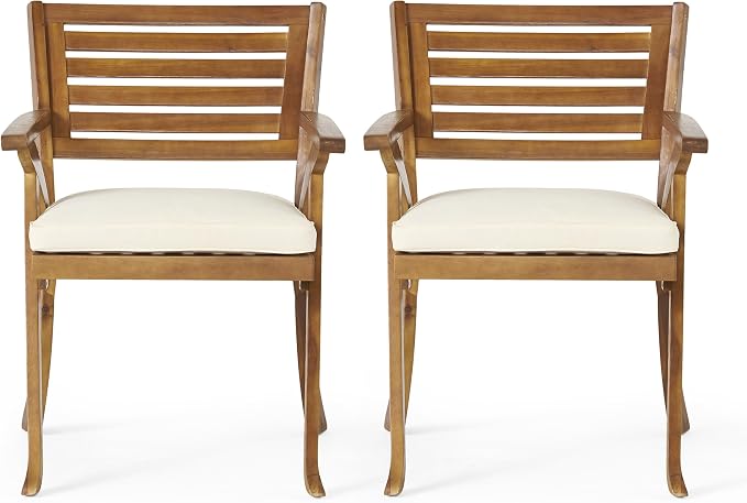 Merax Outdoor Dining Chairs Set of 2, Acacia Wood Chair with Armrests and Cushons, Patio Chair for Porch Deck Garden Lawn Backyard Poolside, Teak Finish, Bear 400LBS
