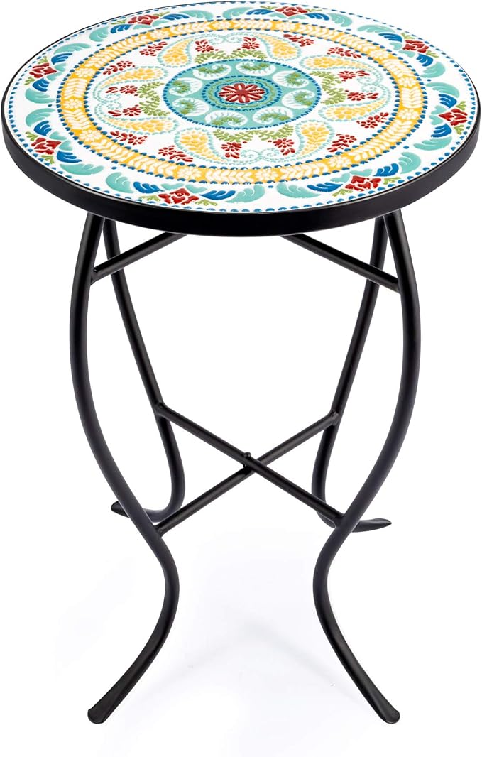 VONLUCE 21" Mosaic Plant Stand, 14 Inch Round Side Table with Ceramic Tile Top, Indoor and Outdoor Accent Table, Outdoor Patio Furniture, End Table for Garden Patio Living Room More, Floral