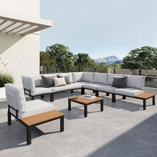 Sophia & William Outdoor Sectional Sofa, 8 Piece Metal Patio Furniture Set, Modular Patio Conversation Set-2 x Single Sofa with Side Table, 4 x Single Chairs, 1 x Loveseat, 1 x Tea Table