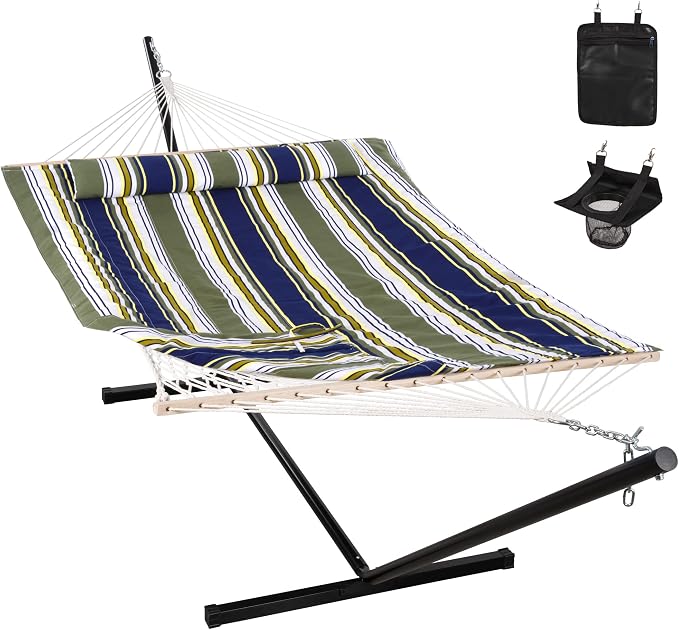 ANOW Double Rope Hammock with Stand 12FT, Heavy Duty Hammock with Polyester Pillow and Pad, 450 LBS Weight Capacity, Blue & Green Stripes