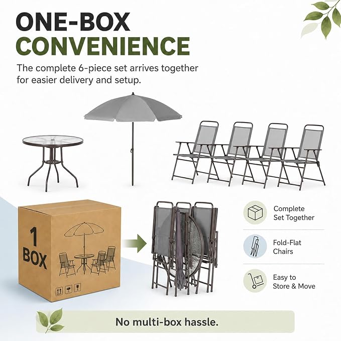 6-Piece Patio Dining Set for 4 with Umbrella, Outdoor Table and Chairs Set with 4 Folding Chairs, Round 31.5" Tempered Glass Table for Garden Backyard Poolside, Gray