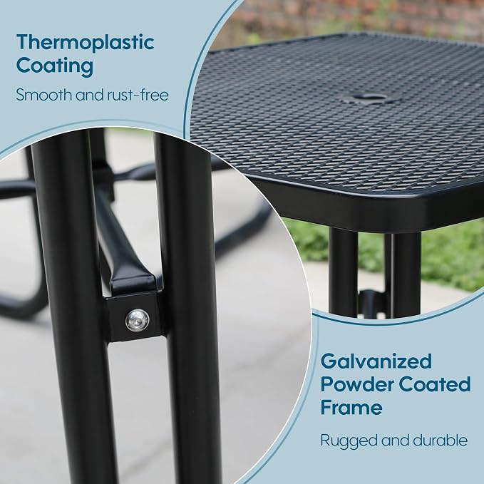 8-Person Picnic Tables for Outdoors, Industrial 46" Expanded Metal Square Picnic Table with 4 Benches & Umbrella Hole, Outside Table and Bench Set for Garden, Backyard, Porch, Patio, Black