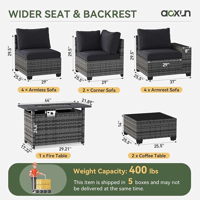 Aoxun Patio Furniture Sets with 44'' Fire Pit, 13 Pcs Outdoor Patio Coversation Set with 4in Thicken Cushion, Widen Armrests Wicker Outdoor Sectional for Backyard (Waterproof Cover Include)