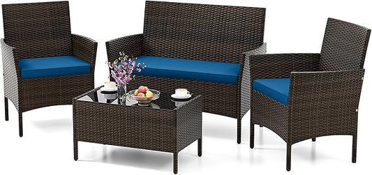 HAPPYGRILL 4 Pieces Outdoor Rattan Conversation Set, Patio Wicker Furniture Set with Loveseat Chairs & Tempered Glass Coffee Table, Outside Sectional Sofa Set for Backyard Garden Poolside, Blue