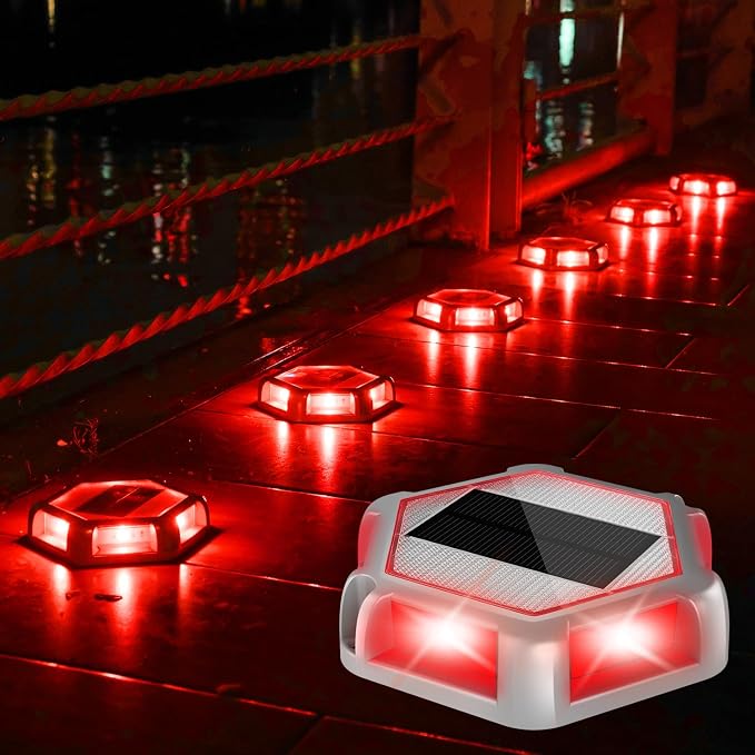 Solar Dock Lights Driveway Deck Lights - 12 Packs Waterproof Outdoor LED Aluminum Dock Lighting Warning Step Light for Driveway Sidewalk Garden Pathway Yard (Red)