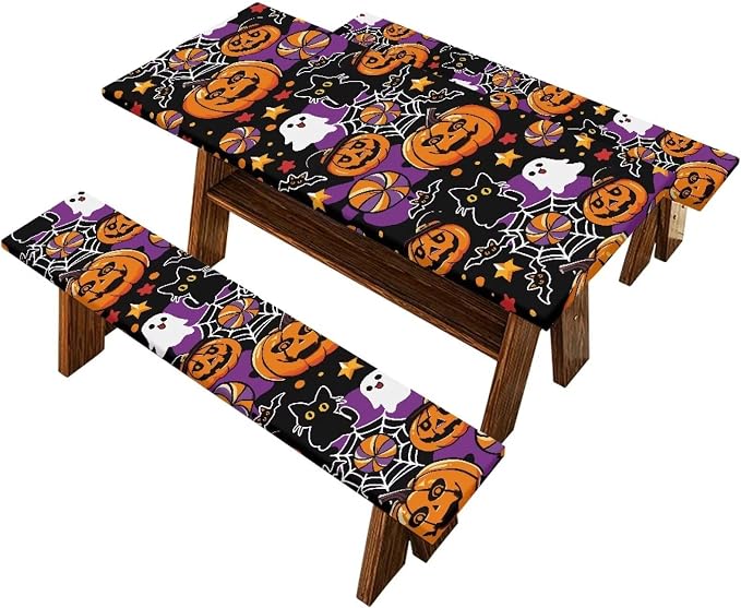 Halloween Picnic Table Bench Tablecloth Covers 3PCS Fitted Picnic Table Cover with Elastic Edges, Waterproof Table and Bench Cloths for Summer Outdoor Camping