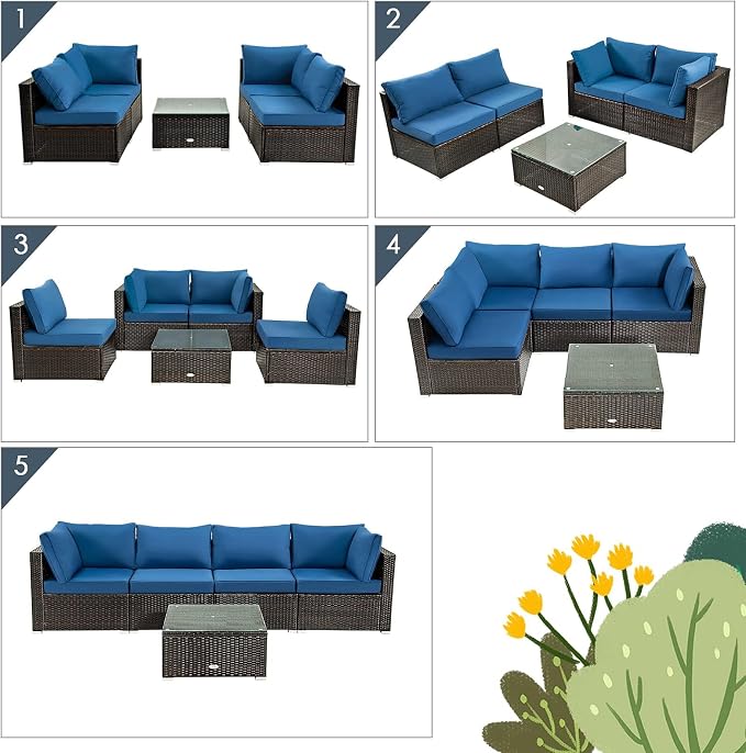 HAPPYGRILL 5 Pieces Patio Furniture Set Outdoor Rattan Wicker Sofa Set with Coffee Table Sectional Sofa Conversation Set with Pillows Cushions for Backyard Porch Garden Poolside