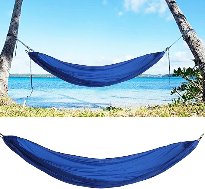 Portable Parachute Camping Hammock, Lightweight Outdoor Hammock with Aluminum Snap Hooks and Storage Bags, Compact Foldable Design for Hiking Backpacking Travel (Blue)