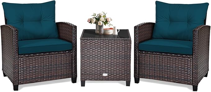 KOTEK 3 Piece Patio Furniture Set, Outdoor Conversation Set with Washable Cushions & Tempered Glass Tabletop, PE Rattan Wicker Bistro Set for Porch, Garden, Balcony (Peacock Blue)