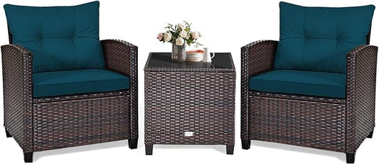 KOTEK 3 Piece Patio Furniture Set, Outdoor Conversation Set with Washable Cushions & Tempered Glass Tabletop, PE Rattan Wicker Bistro Set for Porch, Garden, Balcony (Peacock Blue)
