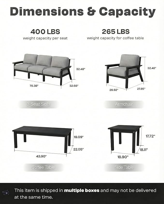 Patio Furniture Set with Washable Thick Gray Cushions, HDPE Outdoor Couch, All-Weather Outdoor Sectional Furniture, Patio Conversation Sets for Lawn, Garden, Porch (Black Frame)