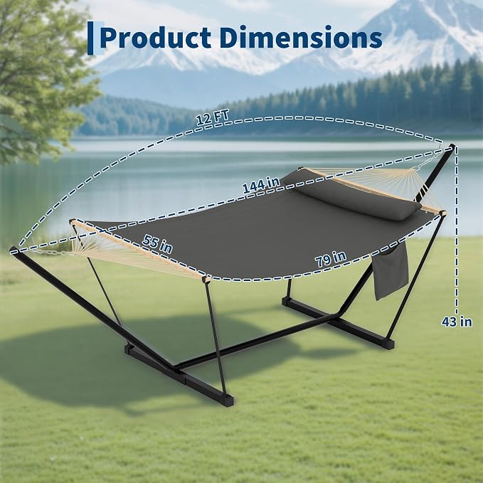 2-Person Hammock with Stand for Outside - Portable Heavy Duty Outdoor Double Hammock - Adjustable Steel Frame, 500 LBS Capacity, for Patio Garden Backyard & Beach