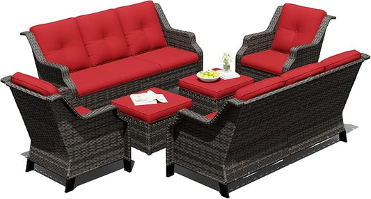 Outdoor Patio Furniture Set, 6 Piece Wicker Patio Furniture with Thick Cushions, Curved Armrest, Deep Seating, Rattan Outdoor Chairs for Porch, Deck, Balcony