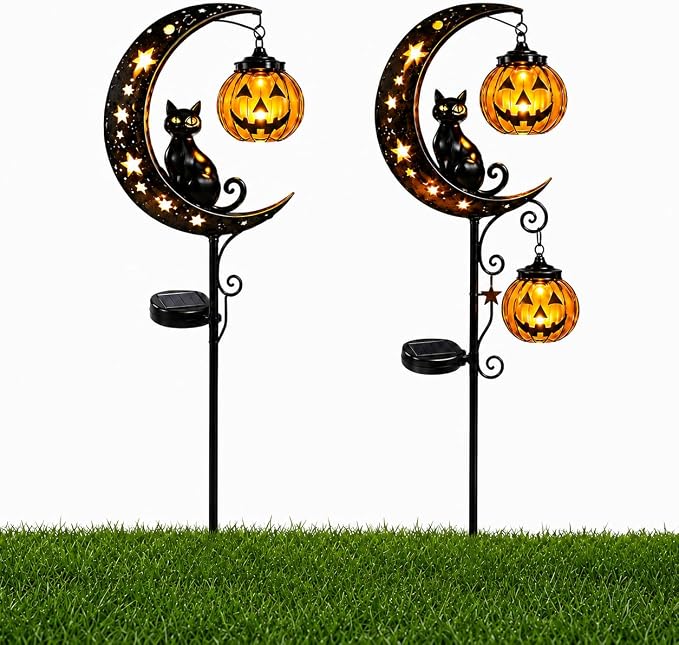 Solar Halloween Black Cat & Pumpkin Moon Garden Stake Light, Outdoor Waterproof LED Yard Decoration with Crescent Moon, Hanging Jack-o'-Lantern Lantern for Garden, Patio, Walkway, Porch (Style A C)