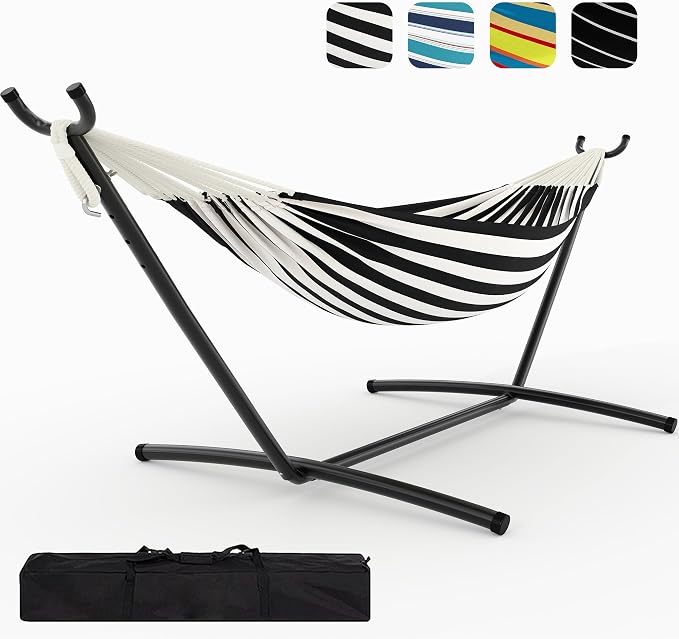 Hammock with Stand for Outside，450 lb Weight Capacity Double Hammock，Heavy Duty Steel Frame，Premium Carry Bag, Portable Hammock for Indoor, Patio, Beach - Black
