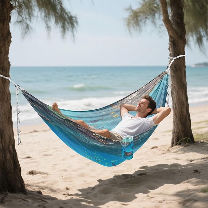 Sea Stingray Camping Hammock, Portable Lightweight Single Hammock with Tree Straps and Aluminum Carabiners, 114" x 54" Travel Hammock for Hiking Backpacking Beach