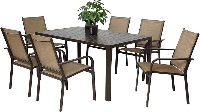 GDFStudio 7-Piece Patio Dining Set, Outdoor Table with 6 Stackable Chairs, Rectangular Metal Dining Table, Breathable Textilene Seating for Backyard, Deck, Garden & Outdoor Entertaining, Brown