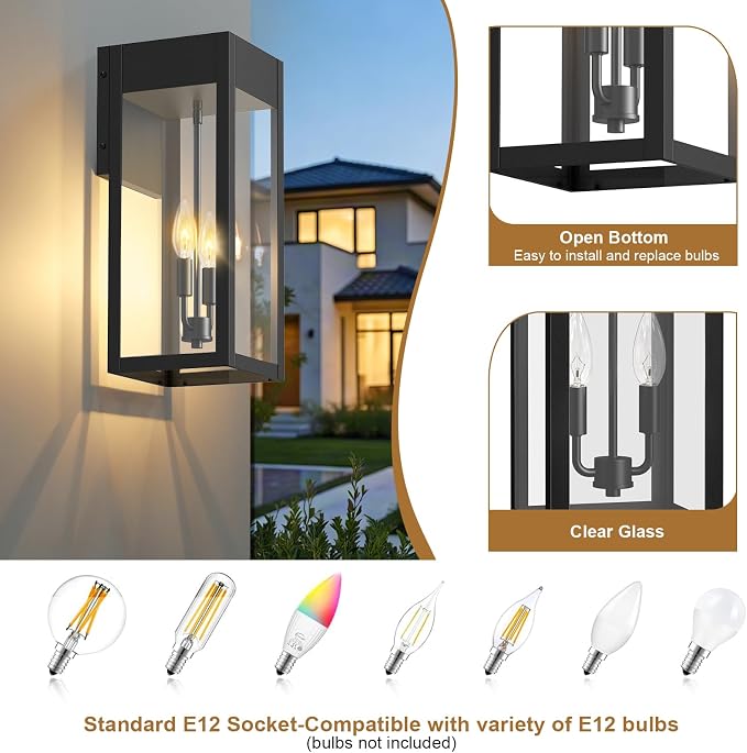 2-Pack 17.87" Extra Large Outdoor Wall Lights with GFCI Outlet, Black 2-Light Porch Lights Outdoor, Waterproof Exterior Lamp with E12 Sockets for House, Porch, Patio, Garage