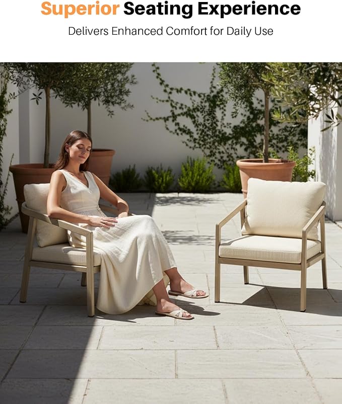 Patio Sofa Chairs Set of 2, Never-Rust Aluminum Outdoor Armchair with Thick Cushions, All Weather 2 Pieces Outdoor Club Chairs, Outdoor Sofa Chairs for Deck, Backyard, Porch, Gray Oak