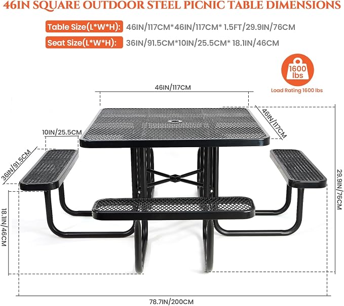 47'' Heavy Duty Picnic Square Table with 4 Benches, Up to 8 People Expanded Meta Outdoor Patio Dining Table with Umbrealla Hole, Outdoor Bench Set Steel Mesh Dining Furniture for Garden, Lawn, Patio