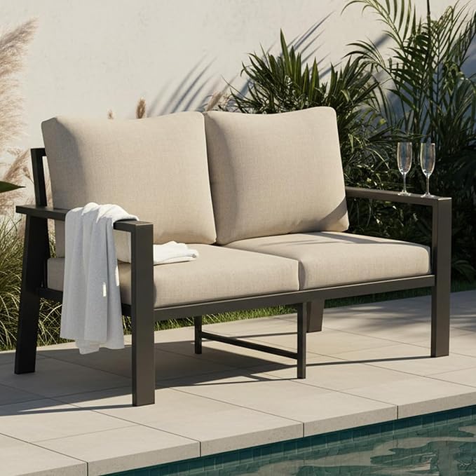 Aluminum Outdoor Furniture Loveseat Small Patio Couch Love Seat Outdoor Chairs with 4" Cushion Loveseats Sofa for Poolside,Balcony,Deck,Yard