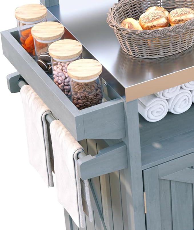 RUNNA Outdoor Kitchen Island with Raised Shelf,Solid Wood Storage Cabinet with Stainless Steel Top,Outdoor Rolling Grill Cart with Internal Storage Rack, Adjustable Shelf,Spice Rack (Grey+Blue#028)