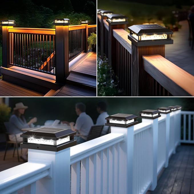 Solar Post Cap Lights 12 Pack, Upgraded Outdoor Fence Post Lights for 4x4 4.5x4.5 5x5 Vinyl/Wood Posts, Black Deck Posts Cap Light Solar Powered with Warm White/Cool White for Garden Patio Porch