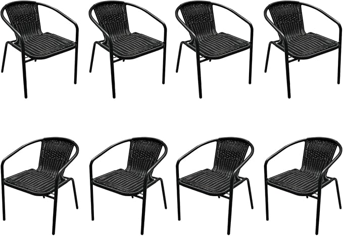 8 Piece Patio Chairs Set, Stackable Outdoor Rattan Chairs, Weatherproof Wicker Patio Seating for Balcony, Porch, Lawn, Small Patio Furniture Set for Backyard, Garden, Poolside, Black