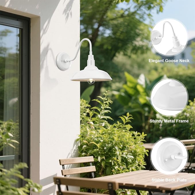 Outdoor Gooseneck Barn Light Fixture with Wall Mount, 10'' Diameter White Exterior Waterproof Wall Lantern for Porch, Farmhouse Wall Sconce, 2 Pack, LM2201-WH-2P
