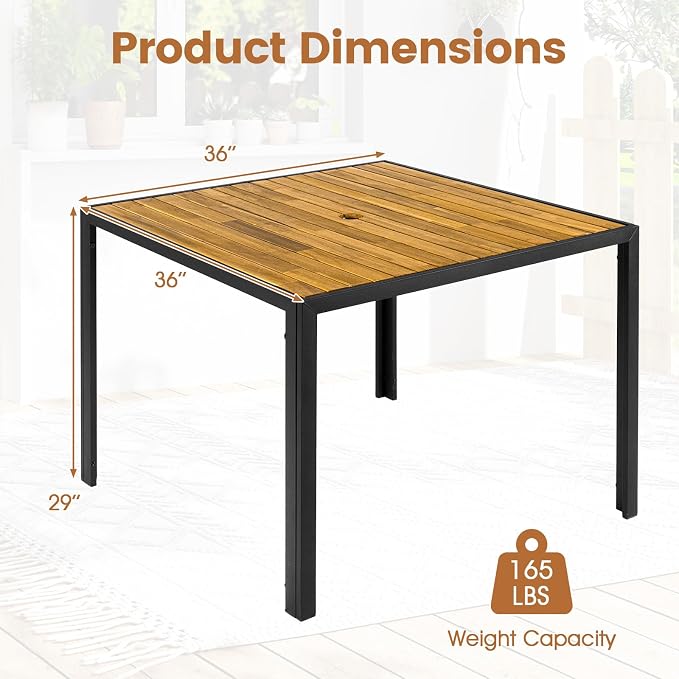 Tangkula 36" Square Patio Dining Table for 4, Acacia Wood Outdoor Table with Slatted Top, 1.97" Umbrella Hole and Heavy Duty Metal Frame, Outside Table for Porch, Garden, Backyard, Deck and Poolside