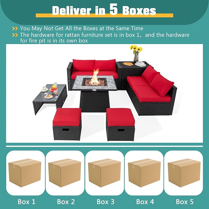 Tangkula 9 Pieces Outdoor Patio Furniture Set with 35-Inch Propane Fire Pit Table, Outdoor PE Wicker Sectional Sofa Set with Storage Box and Cushions, 50,000 BTU Gas Fire Pit Table (Red)