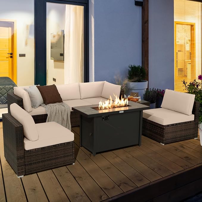 Tangkula 7 Piece Patio Furniture Set with Fire Pit Table, Includes 42 Inches 60,000 BTU Propane Rectangle Fire Pit Table and Protective Cover, Outdoor Cushioned Sectional Sofa Set for 5 (Beige)