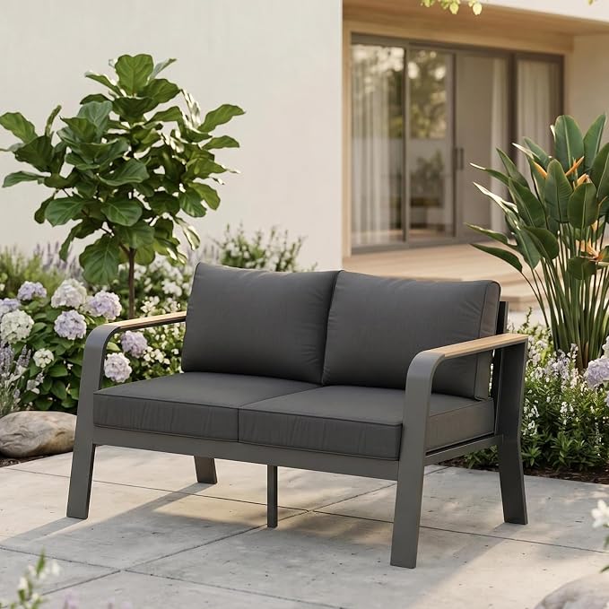 Garvee Outdoor Loveseat Aluminum Patio Furniture Sofa All-Weather Metal Outdoor Couch with Cushions Modern Outdoor 2 Seats Sofa for Garden, Balcony, Deck, Backyard, Dark Grey