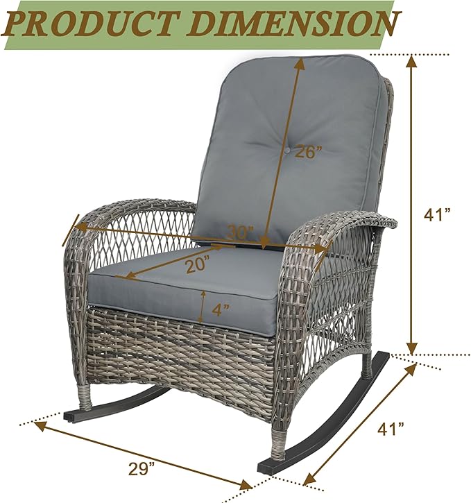 Outdoor Wicker Rocking Chair, All Weather Resin Rattan Wicker Rocking Chairs, for Garden Backyard Lown Porch,1pc,Grey
