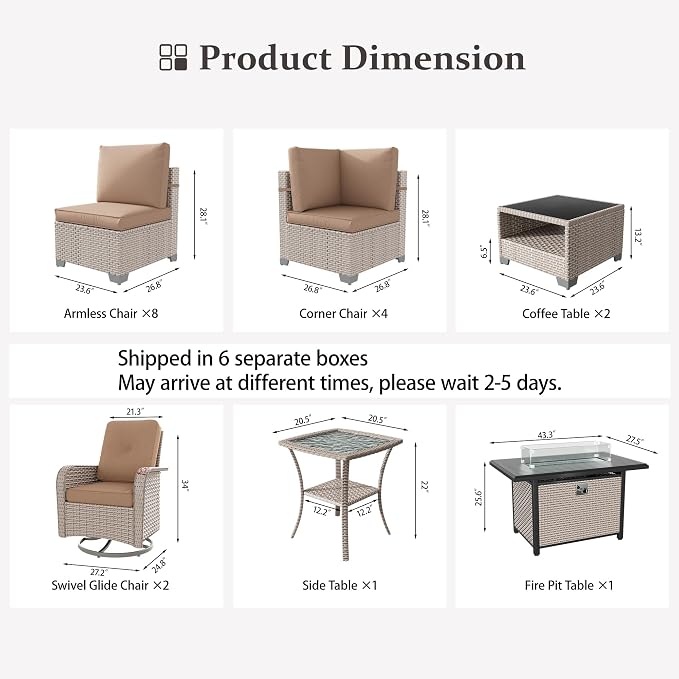 18 Pieces Patio Furniture Set with Fire Pit Table, Outdoor Sectional Wicker Sofa with Thick Cushions, High Back Swivel Rocker Patio Chairs, Rattan Conversation Set with Coffee Table, Khaki