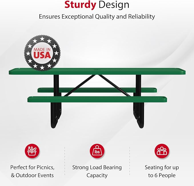 Leisure Craft Metal Picnic Table with Bench - 8 ft Rectangle Outdoor Dining Table with Umbrella Hole, Heavy Duty Thermoplastic Coating, ADA Compliant, Commercial Grade Furniture Made in USA - Green