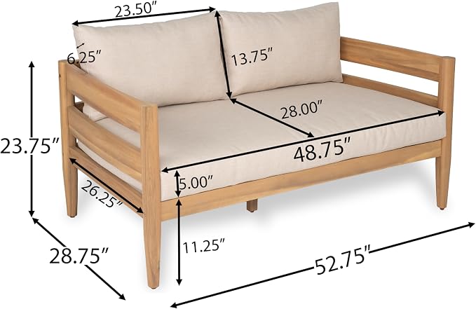 Christopher Knight Home Kory 5-Piece Acacia Wood Patio Furniture Set, Outdoor Conversation Sofa Chat Set with Club Chair and Coffee Table, Patio 7-Seater Seating Group for Backyard Balcony, Teak+Beige