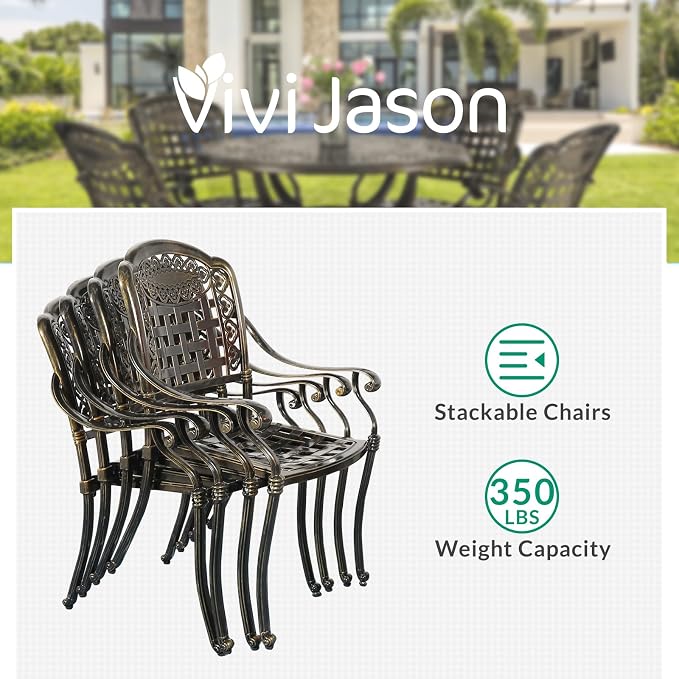 VIVIJASON 5-Piece Patio Furniture Dining Set, All-Weather Cast Aluminum Outdoor Conversation Set, Include 4 Cushioned Chairs and 1 Round Table w/Umbrella Hole for Balcony, Backyard, Navy Blue Cushion