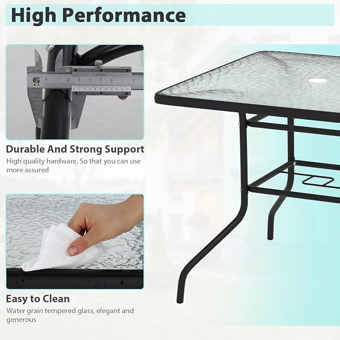 MKDLUFEI Square Outdoor Table, Patio Table with Umbrella Hole Tempered Glass Metal Table Outdoor Dining Table Garden for Deck, Yard, Balcony, Pool (Square)
