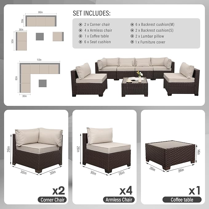 WAROOM Outdoor Patio Furniture Set 7 Pieces Wicker Sectional Sofa Brown Rattan Conversation Couch with Coffee Table, Anti-Slip Thick Beige Cushion