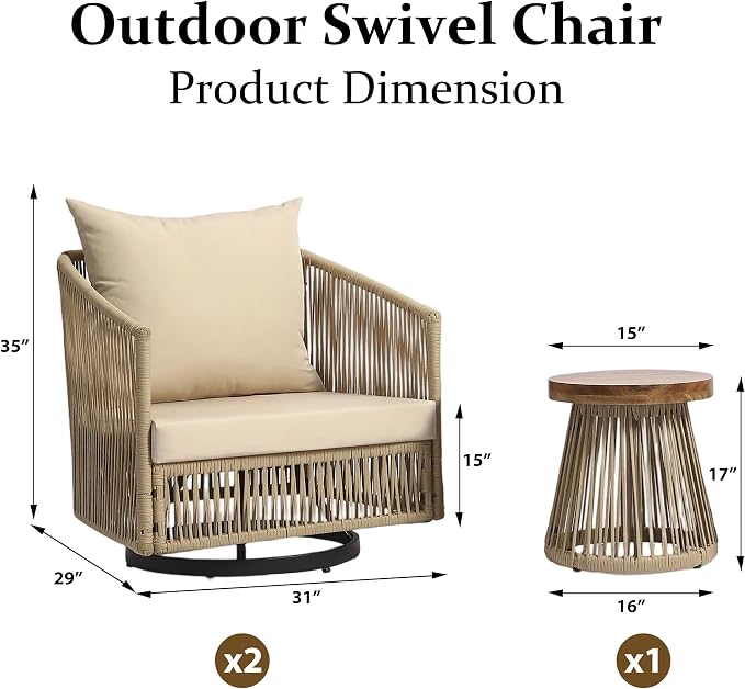 Outdoor Patio Furniture Set, 3 Pieces Outdoor Swivel Chairs with Coffee Table and Thick Cushion, Pe Wicker Rope Furniture Set for Entertaining, Balcony, Garden, Poolside, Khaki