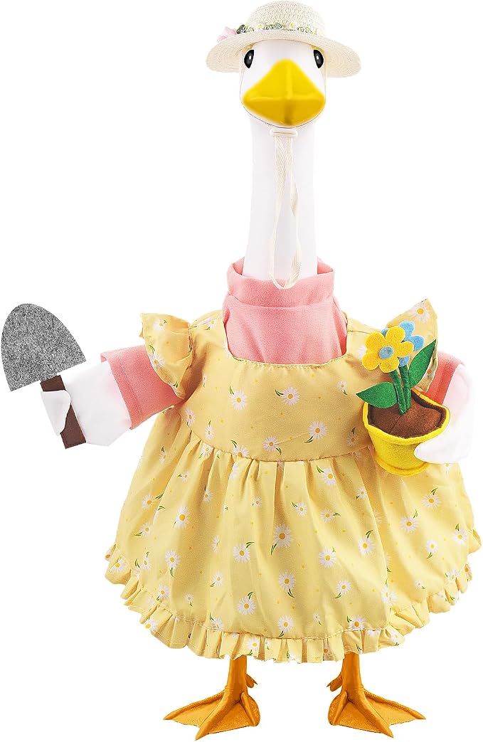 Erythem Gardener Porch Goose Outfits, Cute Spring Porch Goose Clothes with Straw Hat, Shovel & Flower Pot Fits 23" Cement Plastic Geese Statue for Outdoor Garden Yard Decor